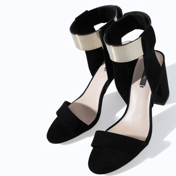 EUC Zara Basic black suede gold accent block heel sandal, 36 - Picture 9 of 11